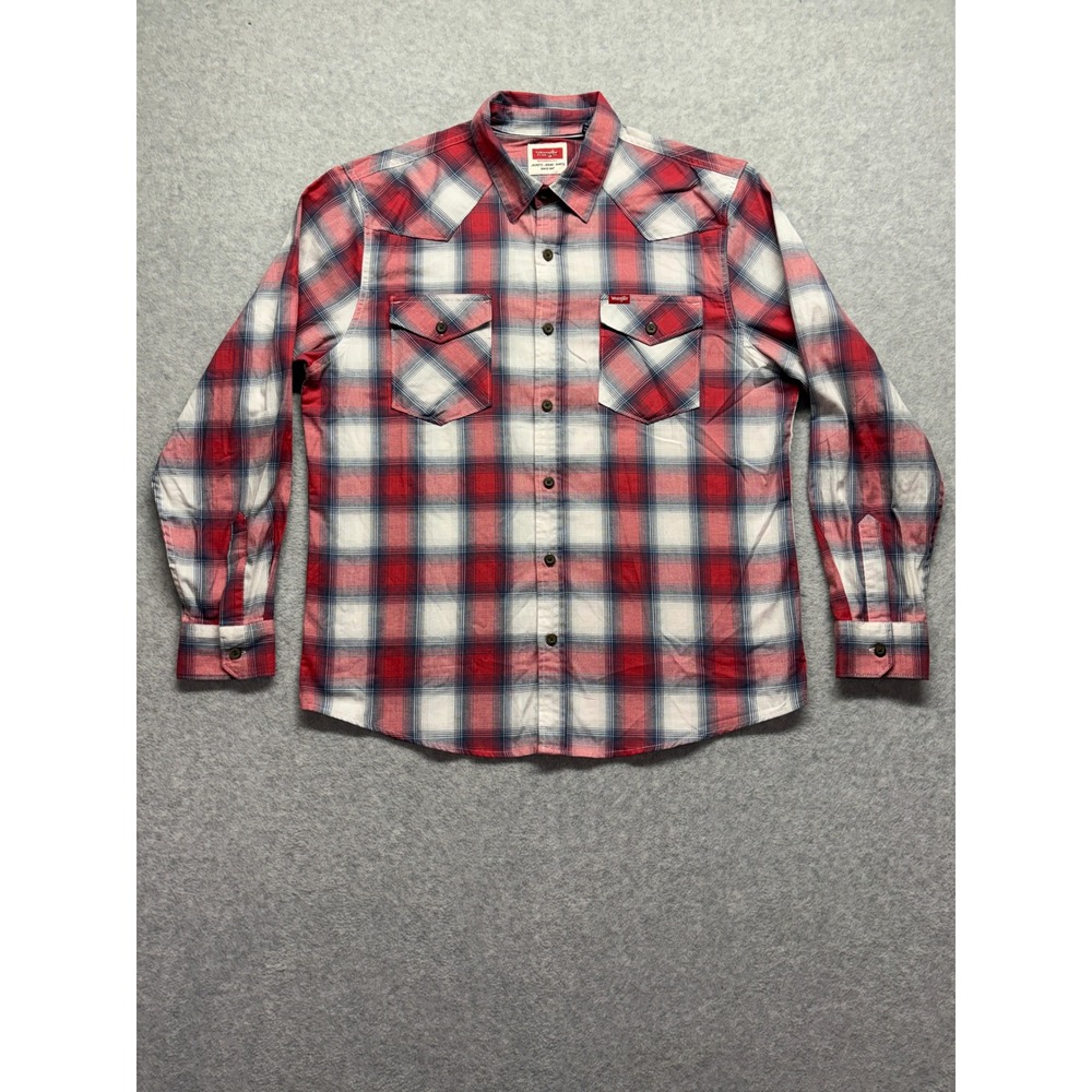 Wrangler Mens Red White Blue Plaid Western Long Sleeve Button Down Shirt Large